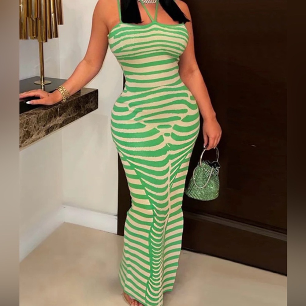 Lime Green and Nude Zebra Print Knit Maxi dress